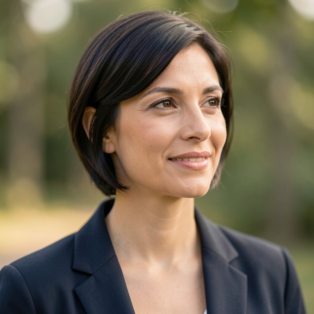 Editorial portrait of a woman with short dark hair in soft natural light, looking slightly to the right of frame