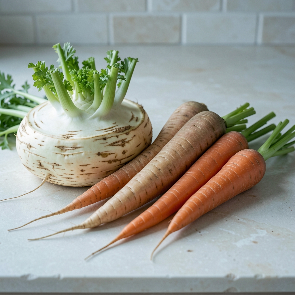 Selection of winter root vegetables including celeriac, parsnips and carrots on a pale stone kitchen surface in cool natural light